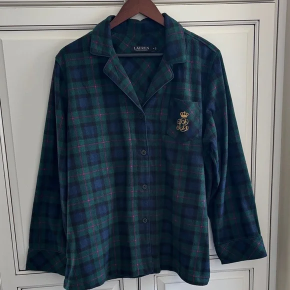 Ralph Lauren Black Label Crest Green Plaid Flannel Pajama Lounge Shirt Womens XL - Picture 2 of 12